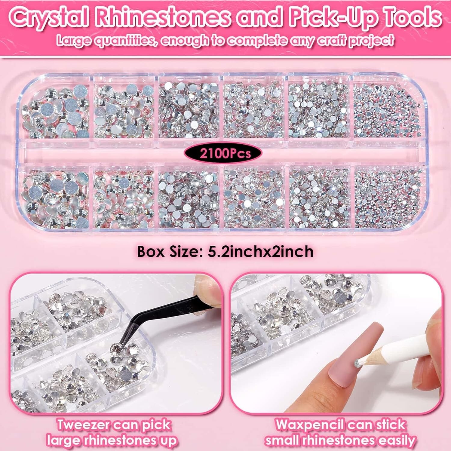 2100Pcs Crystal Glass Rhinestone with Tweezer Clear Glue For DIY Nail Art Fabric