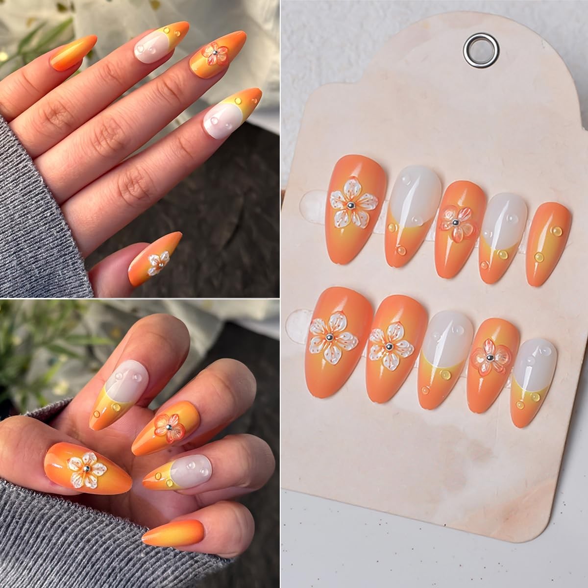 Almond Press on Nails Sunset Ombre French Tip, 3D Frosted Flower, Warm Orange…