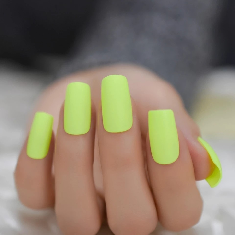 24 Short Matte Neon Green Press on nails set with glue yellow slime bright 80s