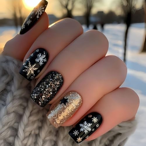 Christmas Press On Nails Medium Black Fake Nails Square christmas-medium13