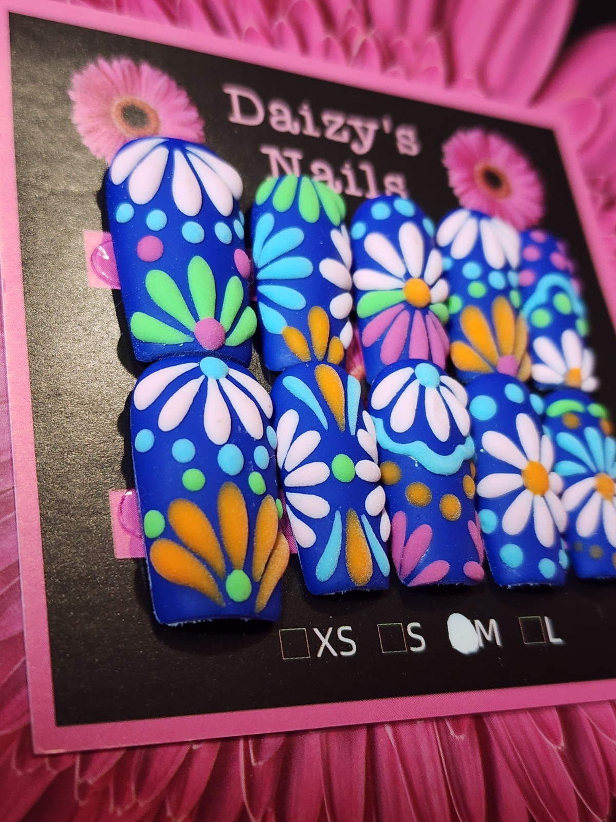 Medium Size Blue Matte 3D Daisy Nail Set Handmade Square 2.5 Cm Length