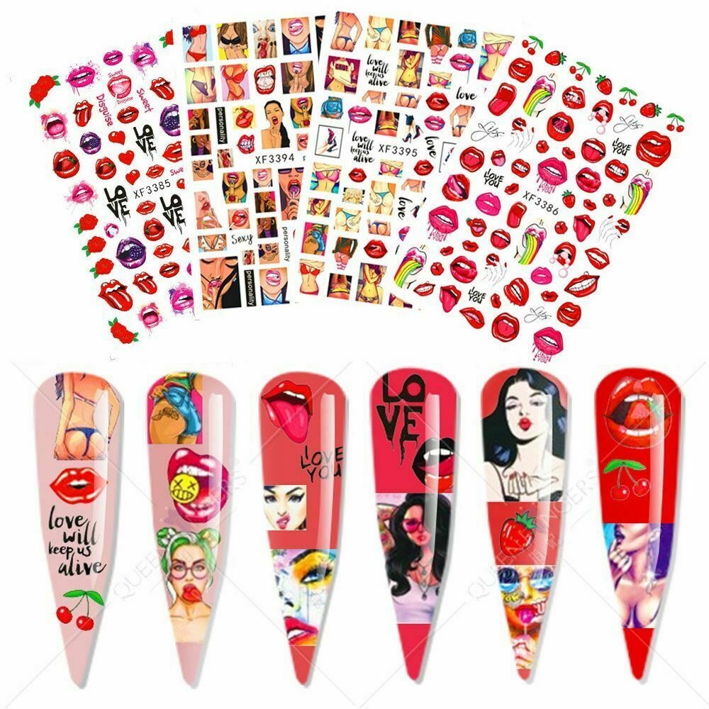 Nail Art 3D Decal Stickers Sexy Red Lips Tongue Lollipop Rose Heart Rainbow NH10