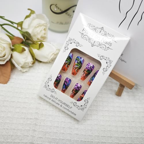 24Pcs Summer Press on Nails Medium Fake Nails with Colorful Coconut Tree A33
