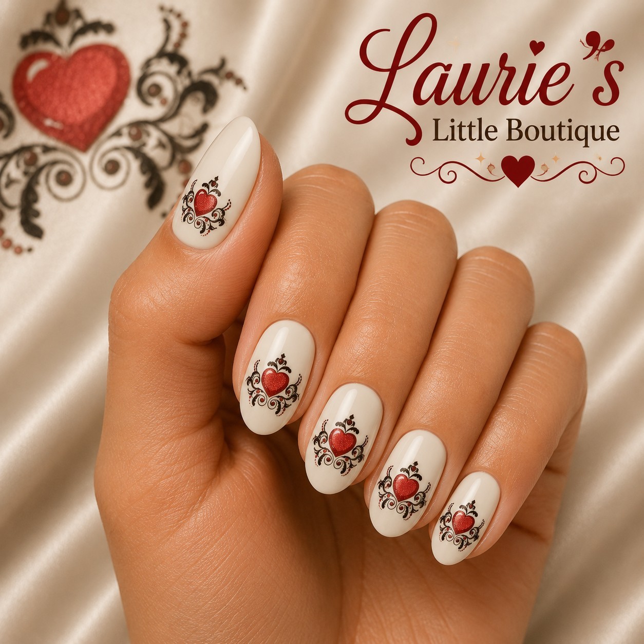 Waterslide Nail Decals Set of 35 Red Heart Black Swirl