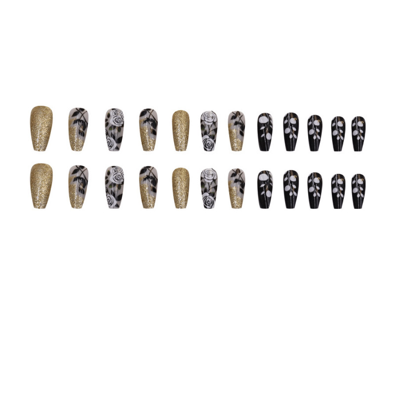 48 Pcs Black Rose Gold Glitter Oval Press on Nails, Vintage Cool Nude Fake Nails