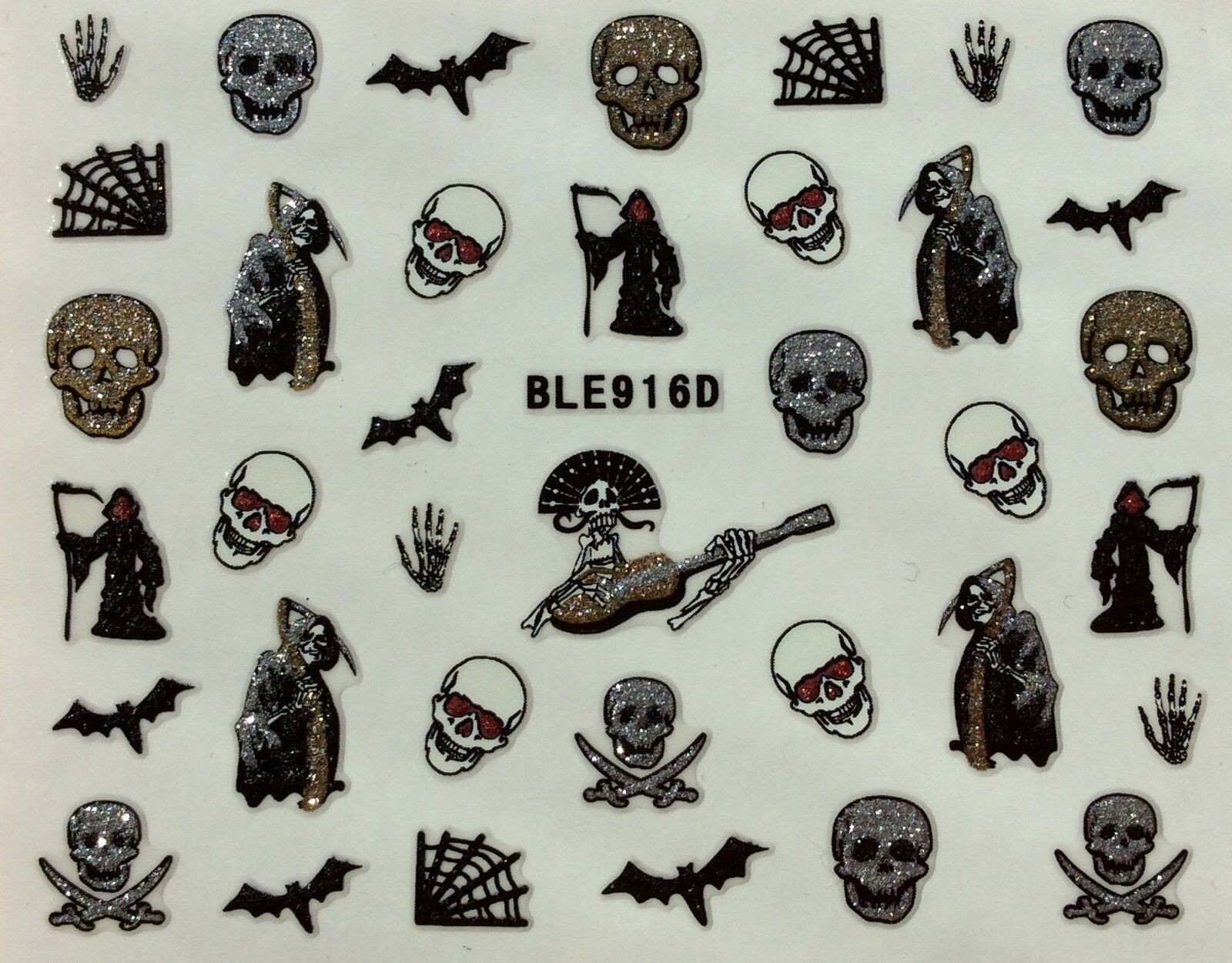 Nail Art 3D Glitter Decal Stickers Halloween Bats Ghost Skull web BLE916D