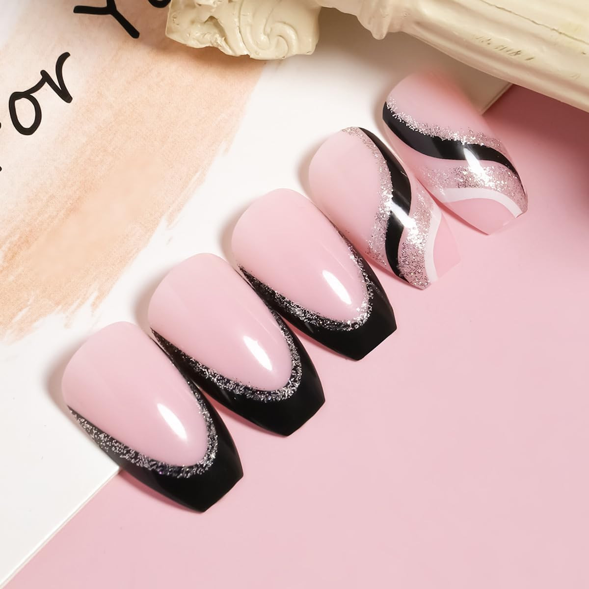 24PCS Black French Tip Press on Nails Medium Length Square Fake Nails with Silve