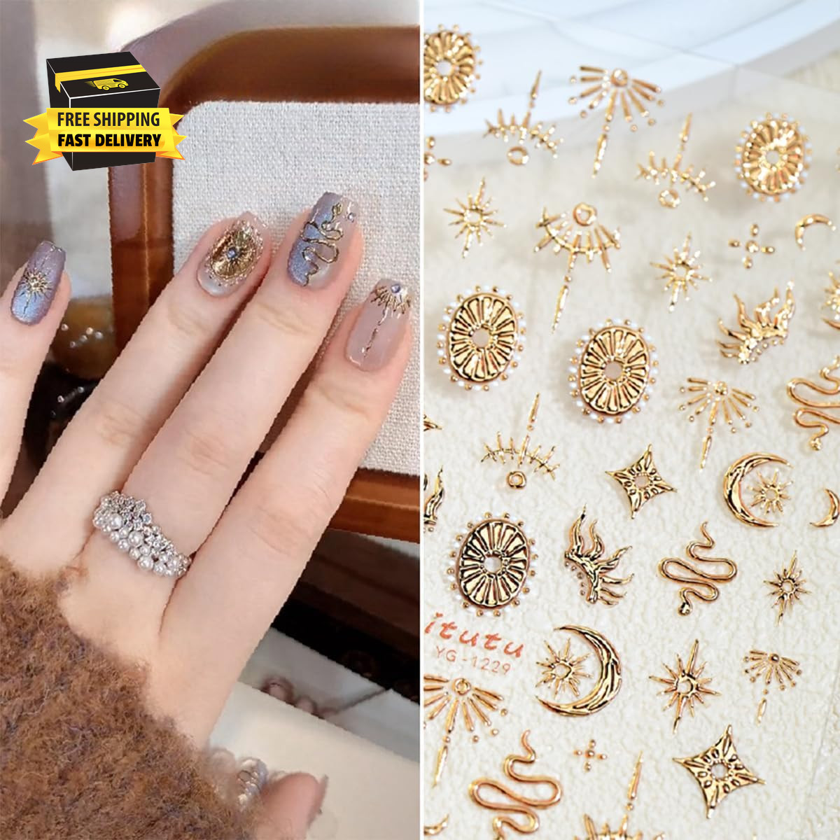 1 Sheets Embossed Star Nail Stickers for Nail Art Gold Snake Nail Decals 5D Self