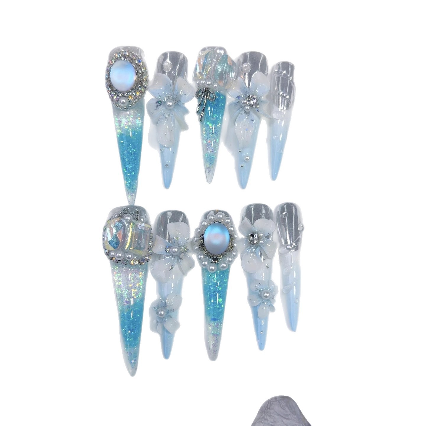 10Pcs Liquid Sand 3D Carved Long Stiletto Press On Nails Waterproof Party Nails