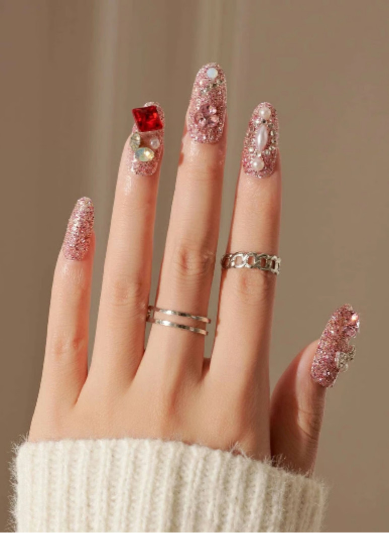 Pink Rhinestones glitter pearl Press On Nails NEW Spring fashion Valentine’s Day