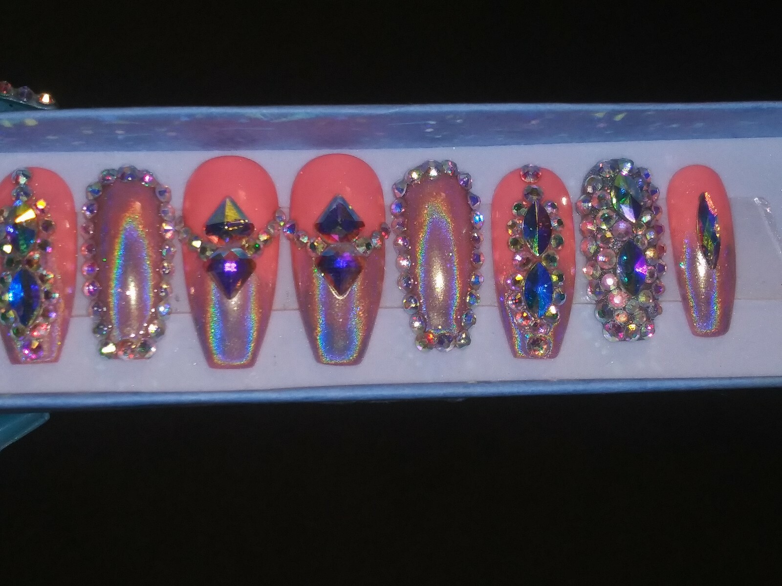 bling coral holographic press on nails coffin crystal diamond chrome metallic