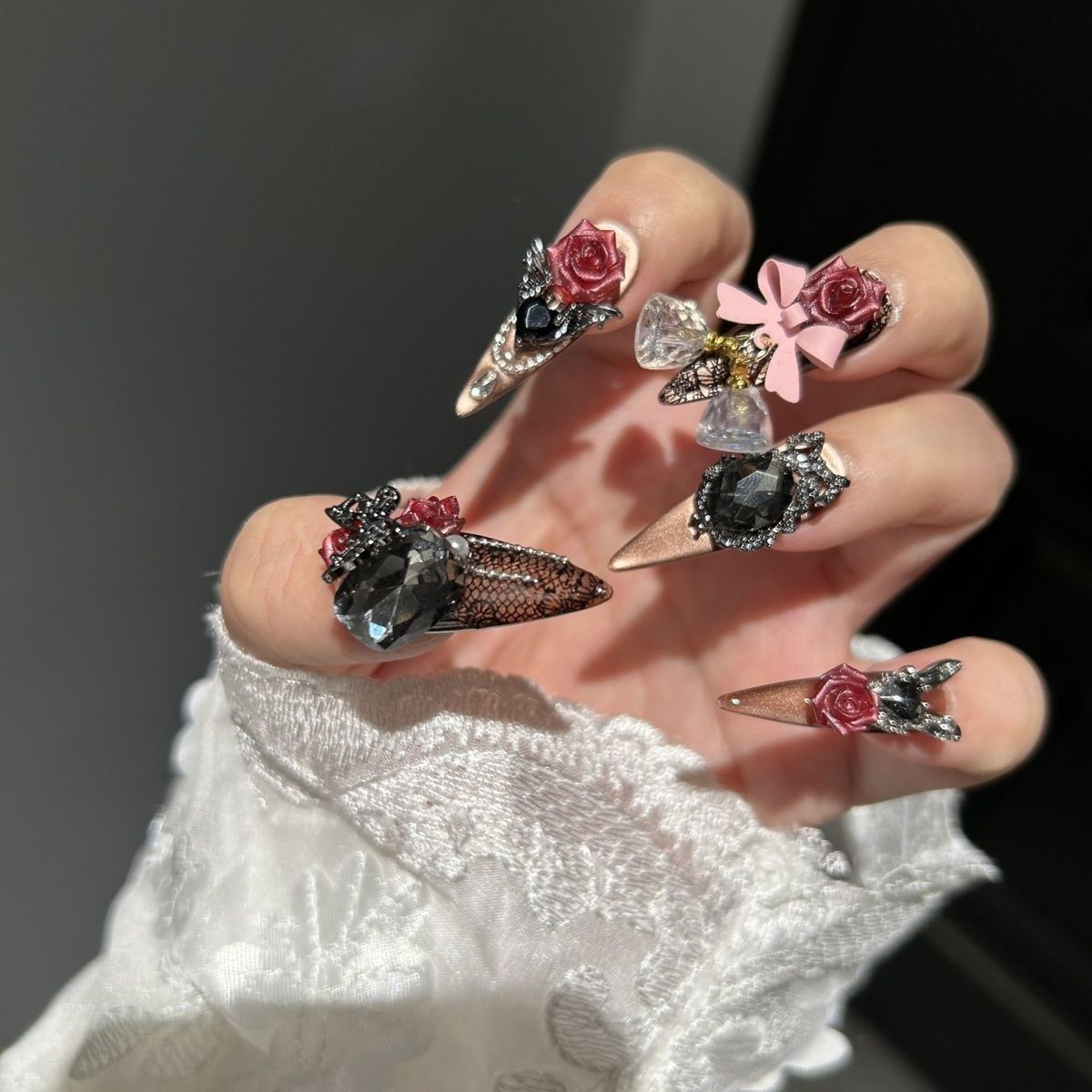 Gothic Cat Eye Rose Press On Nails Dark Handmade Detachable Design