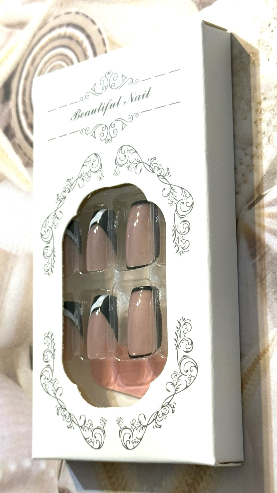 Beautiful Nail NUDE BLACK OUTLINE & BLACK FRENCH with WHITE SWIRL Press On Mani