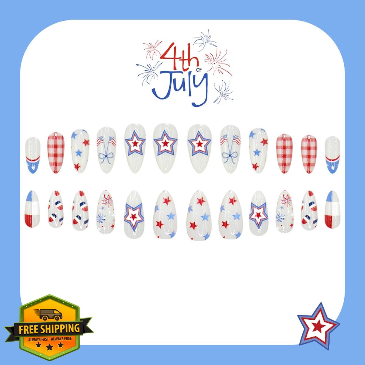 Rdntbeu 4th July Almond Press on Nails Style-31