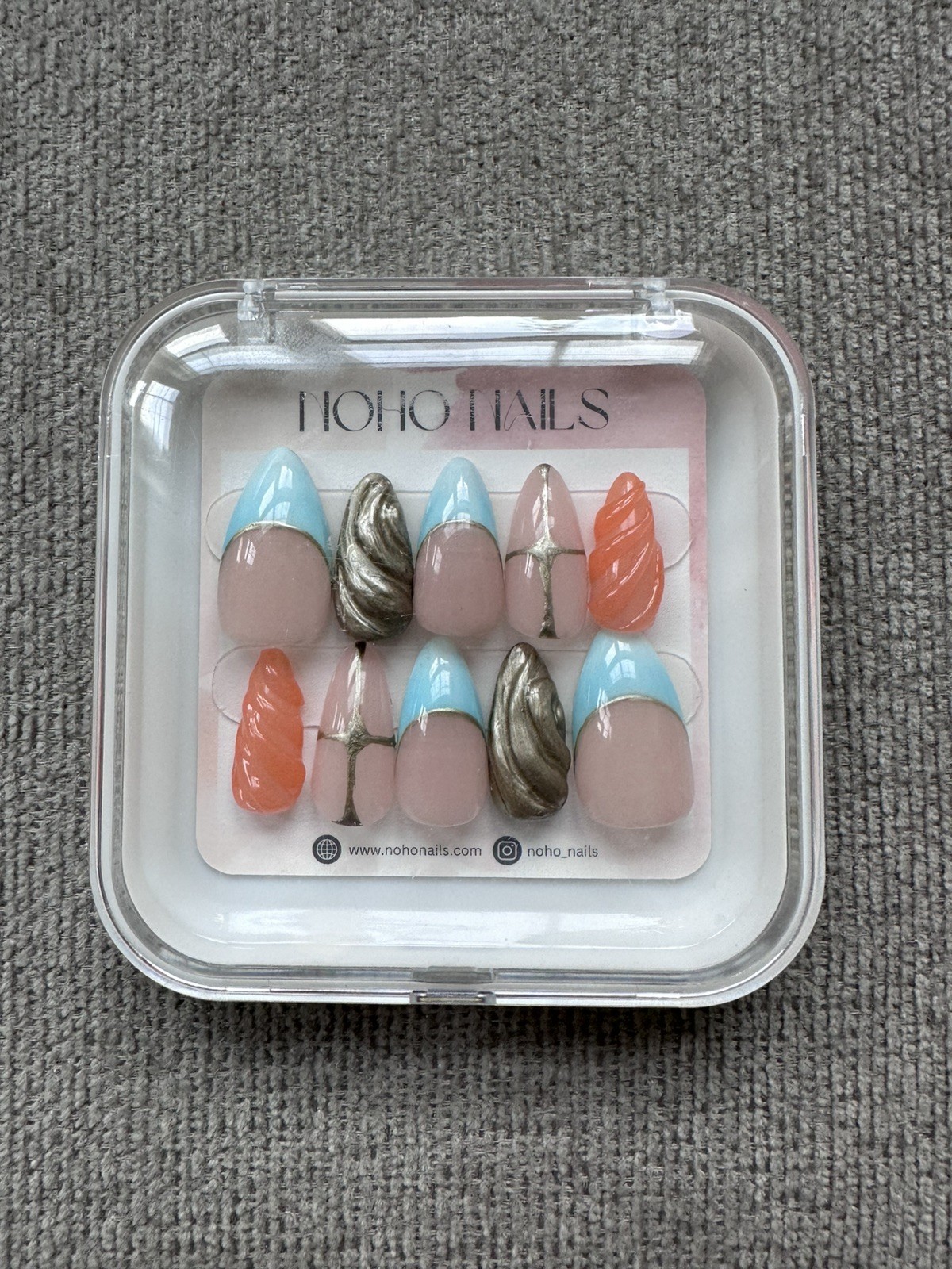 Multicolor 3D Press On Nails Long Almond Orange Blue Silver