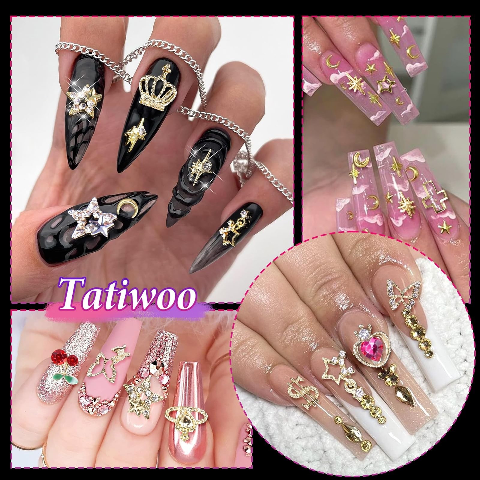 540 Pcs Gold Nail Charms, 40 Pcs Heart Star Cherry Nail Rhinestones and Charm…