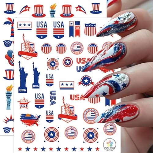8 Sheets Independence Day Nail Stickers for Nail Art USA 4th of July Fireworks