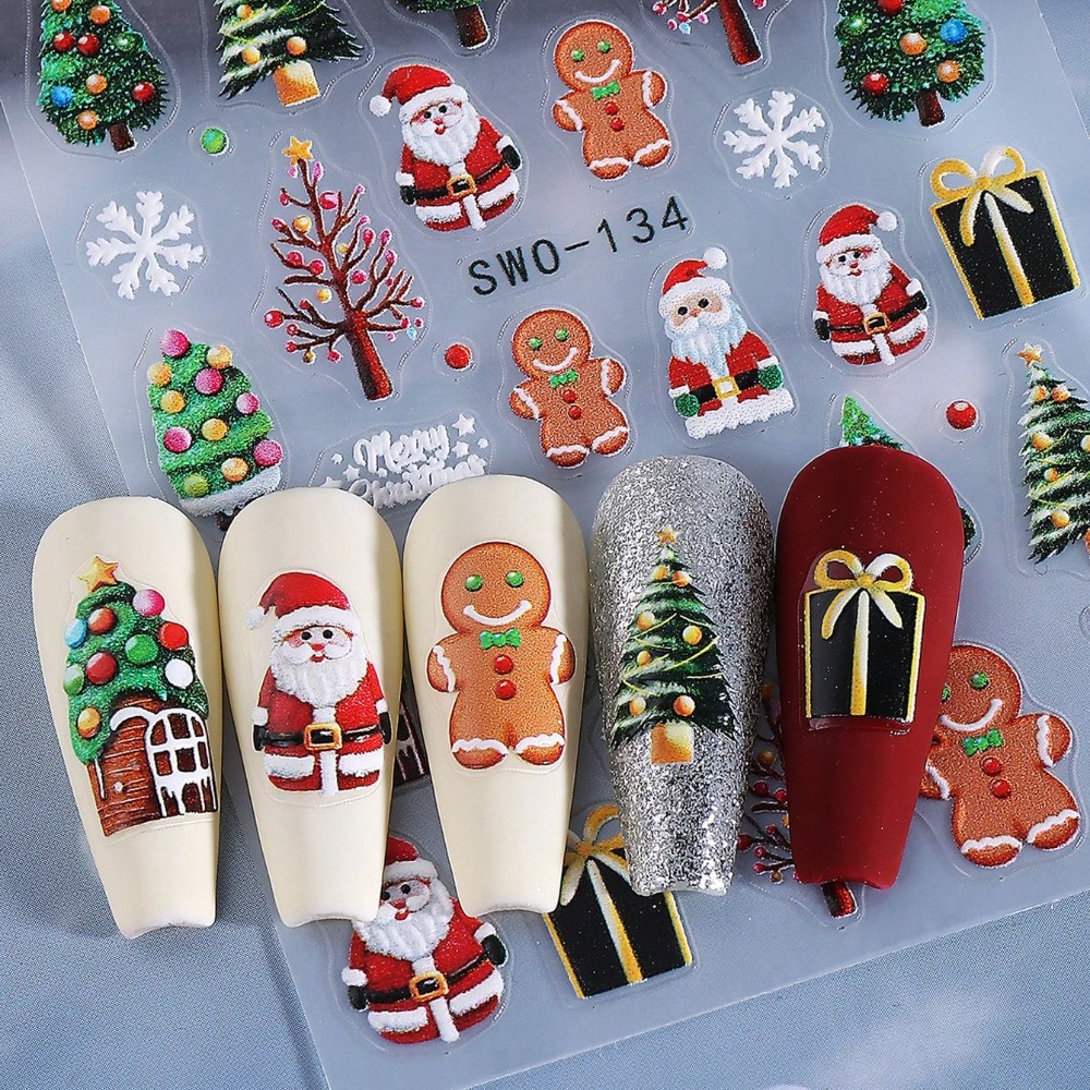 4Pcs 3D Christmas Nail Stickers Self-Adhesive Festive Nail Art Decals for Xmas