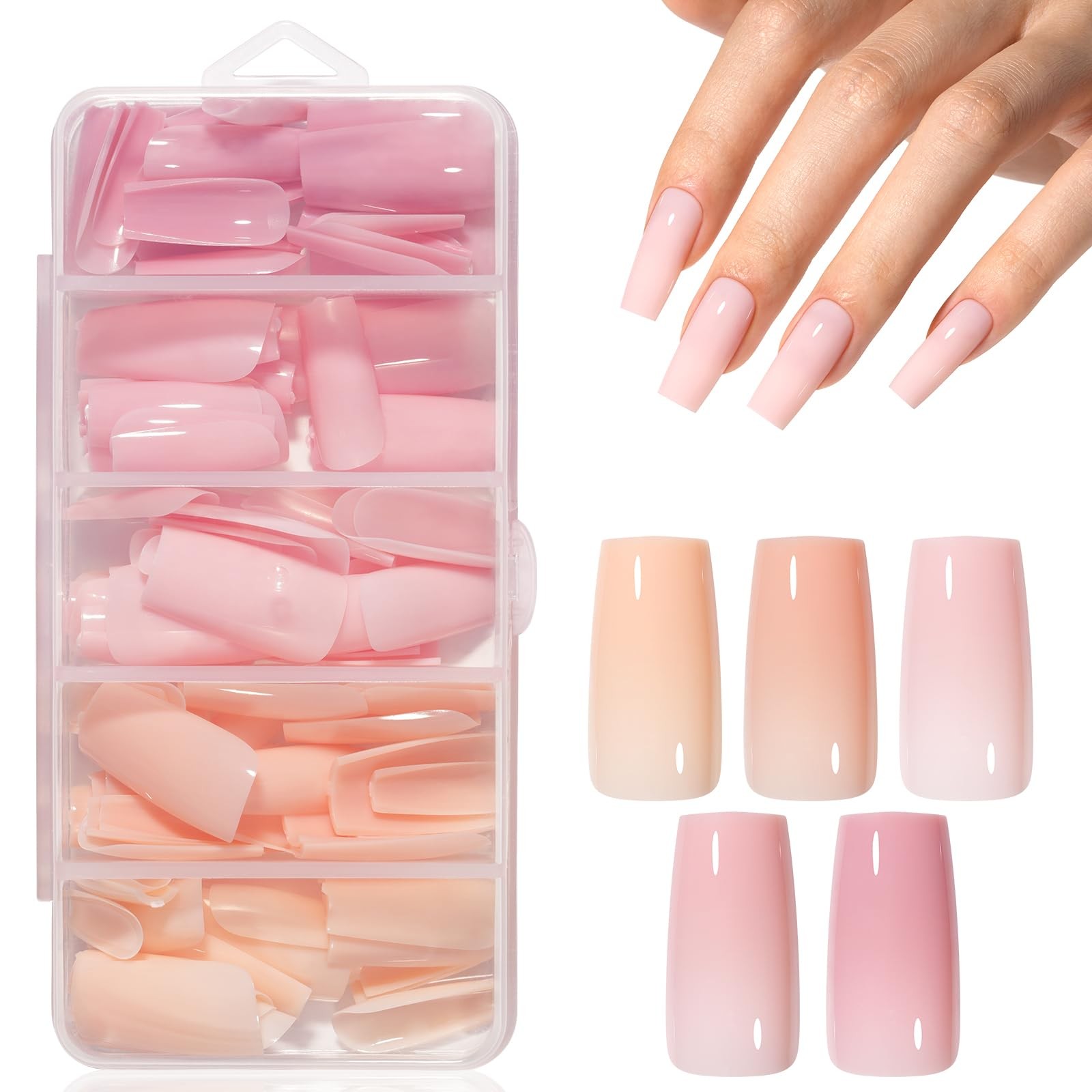 AILLSA Press on Nails Medium Square Nude Pink Nail Tips 5 Colors 140 PCS