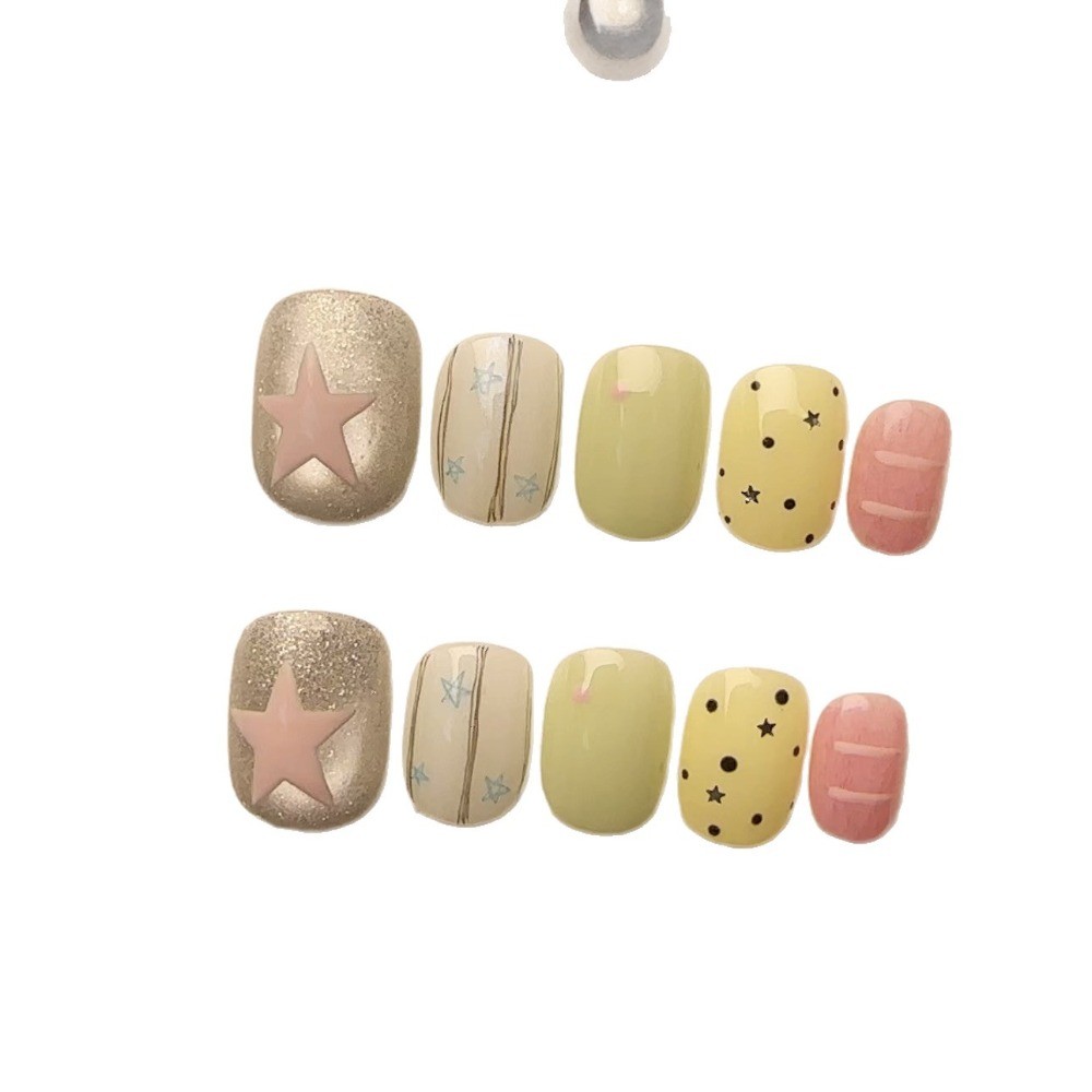 10Pcs Short Round Cat Eye Star Press On Nails, Cream Korean Style 2026 New Nails