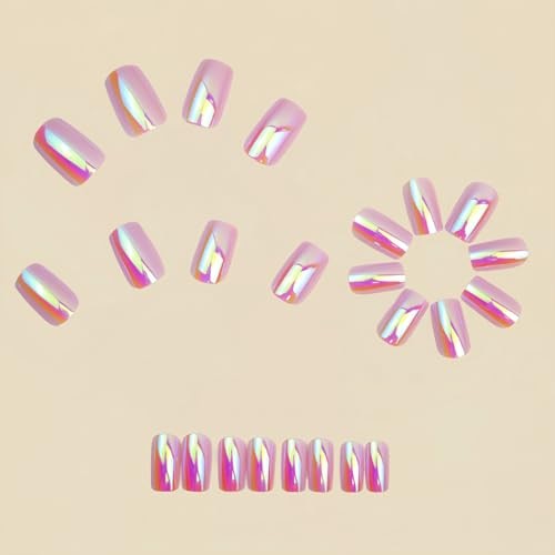 24Pc Chrome Press On Nails Medium Square Fake Nails Metallic normal-nails6
