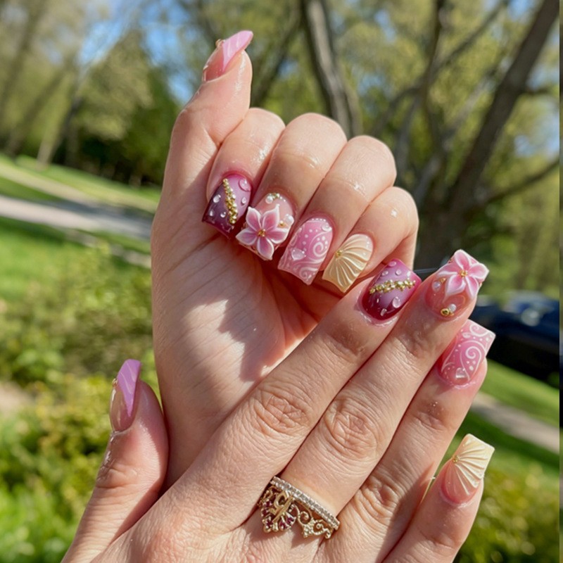 48pcs Long Square Press on Nails, Purple Pink 3D Flower Gold Charm Wedding Nails