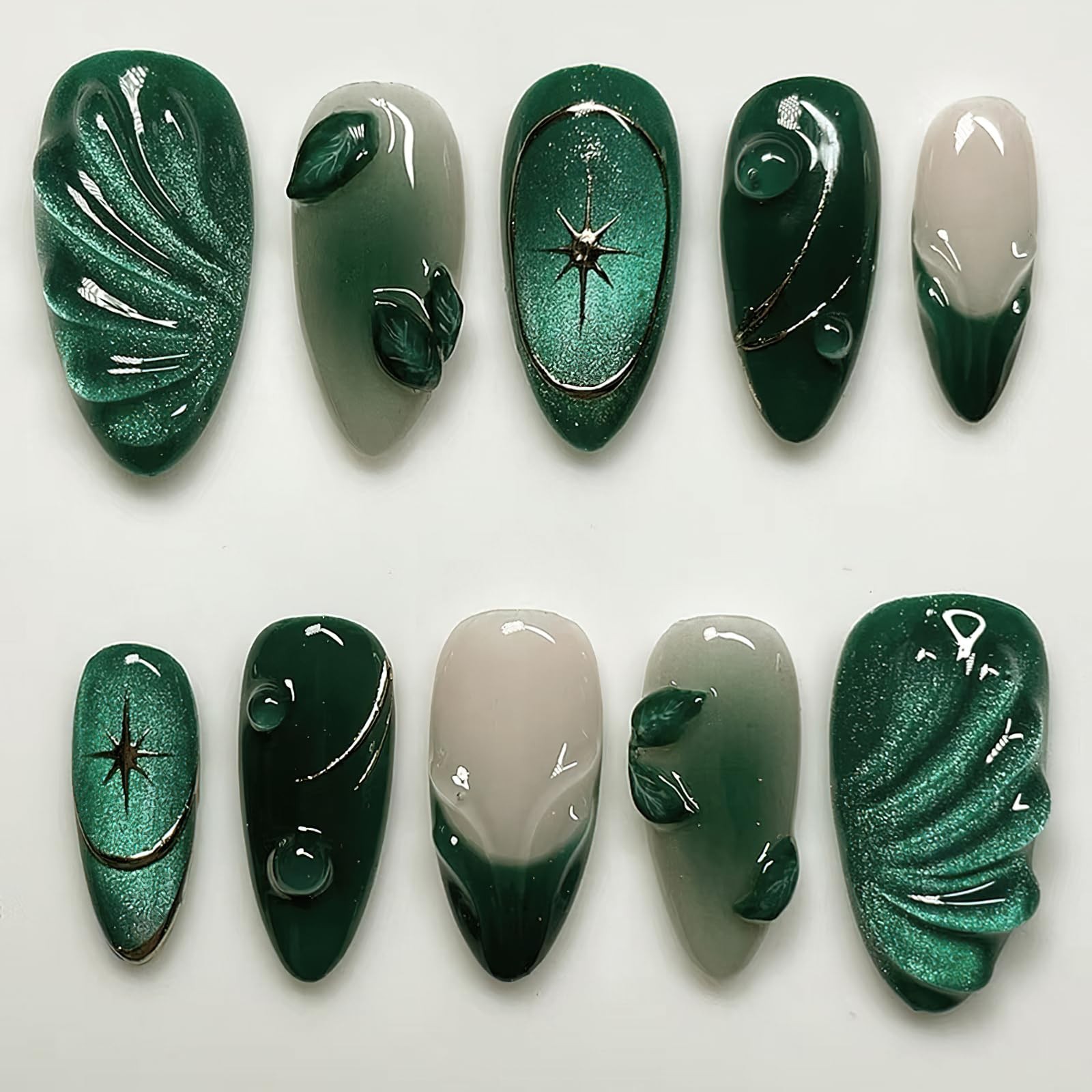 Jremg Green Press on Nails Medium Almond Fake Almond, Multicolor