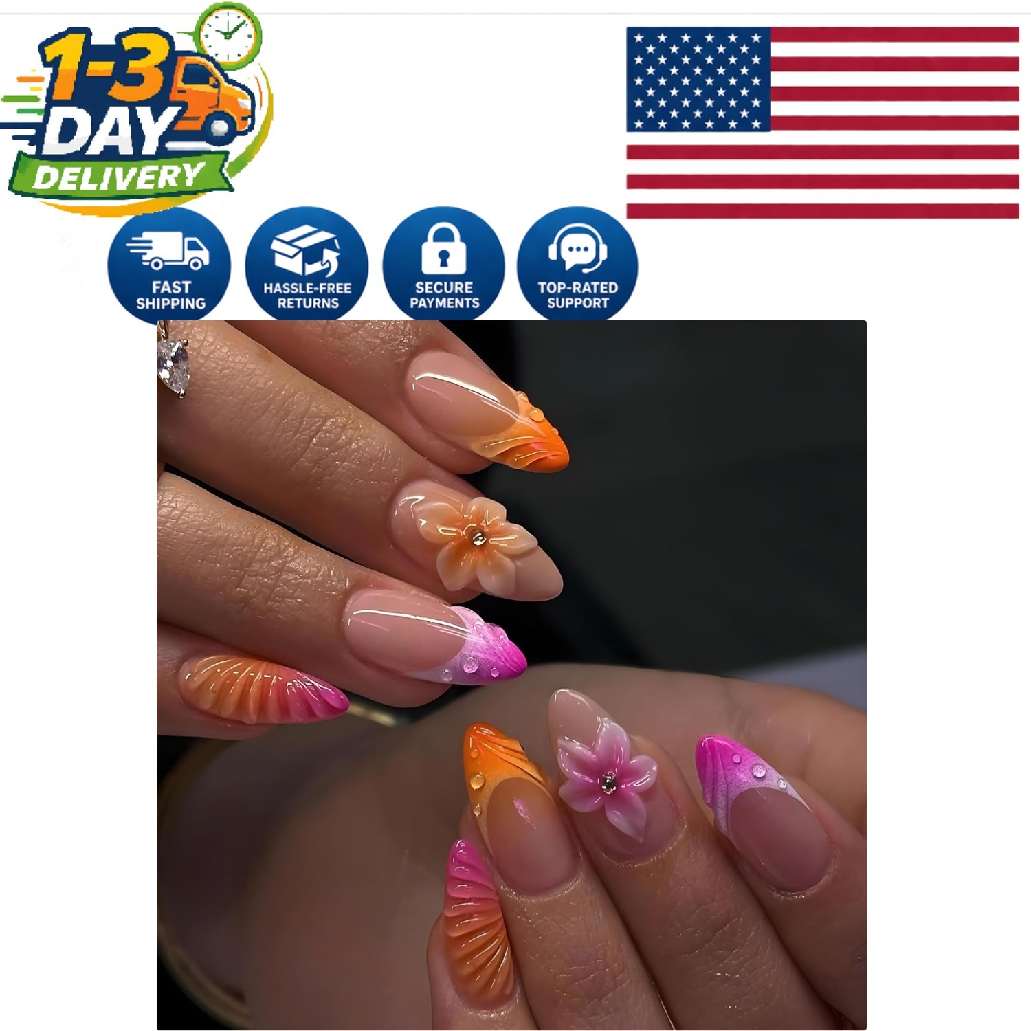 Elegant Medium Almond Press On Nails – 24Pcs Glossy Finish with 3D Floral Art