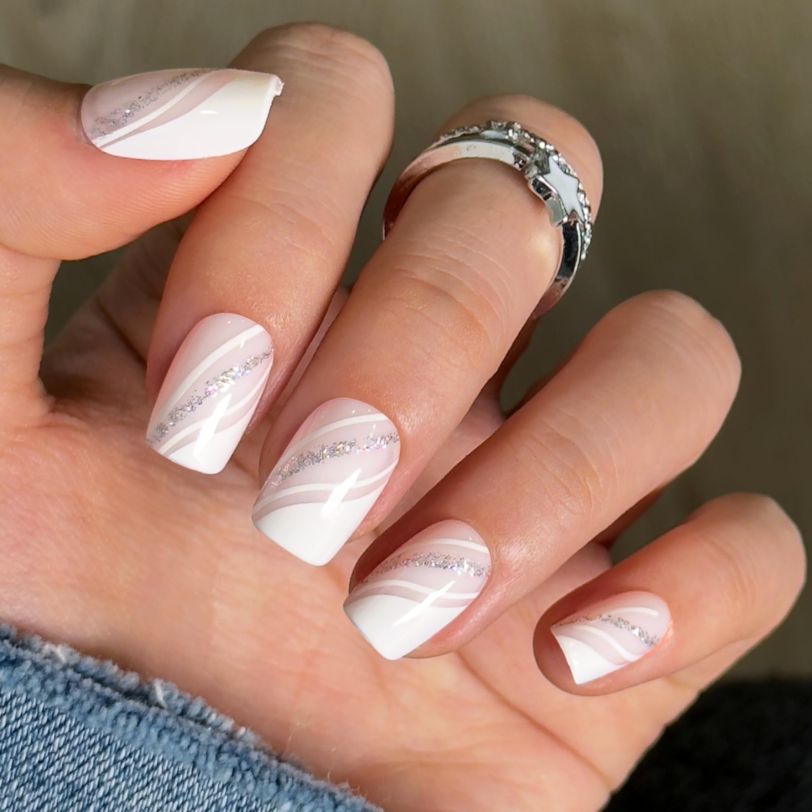 CurvLife Press On Nails Square Silver Whisper