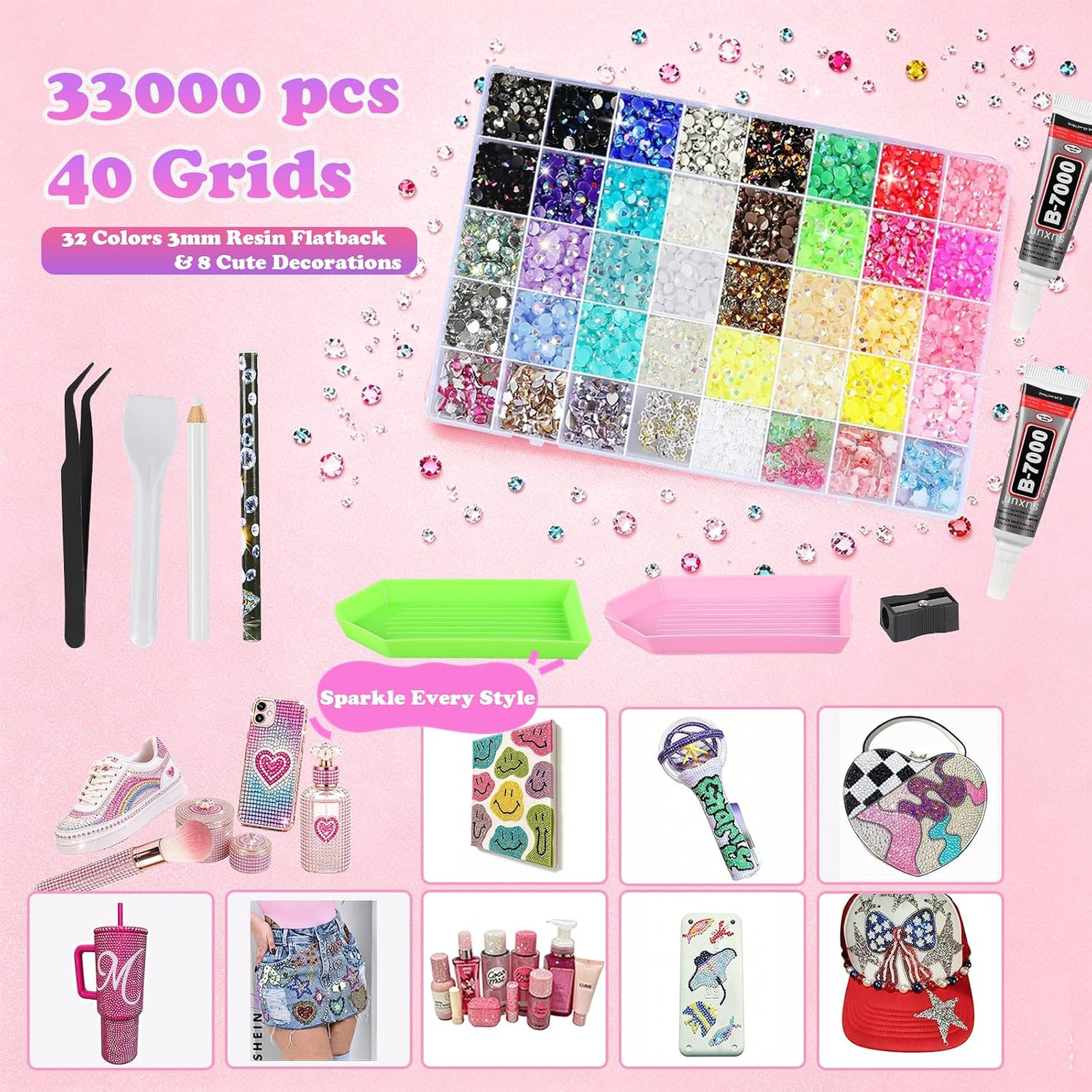 Jelly Rhinestones Bedazzling Kit 33000 Pcs 40 Grids 32 Colors Jewelry Glue Tools