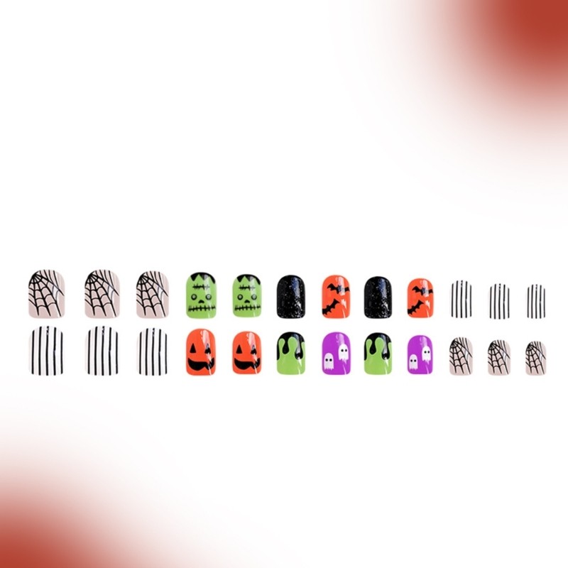 24Pieces Halloween Artificial Tips Cobweb Bat Pattern Short Square Press