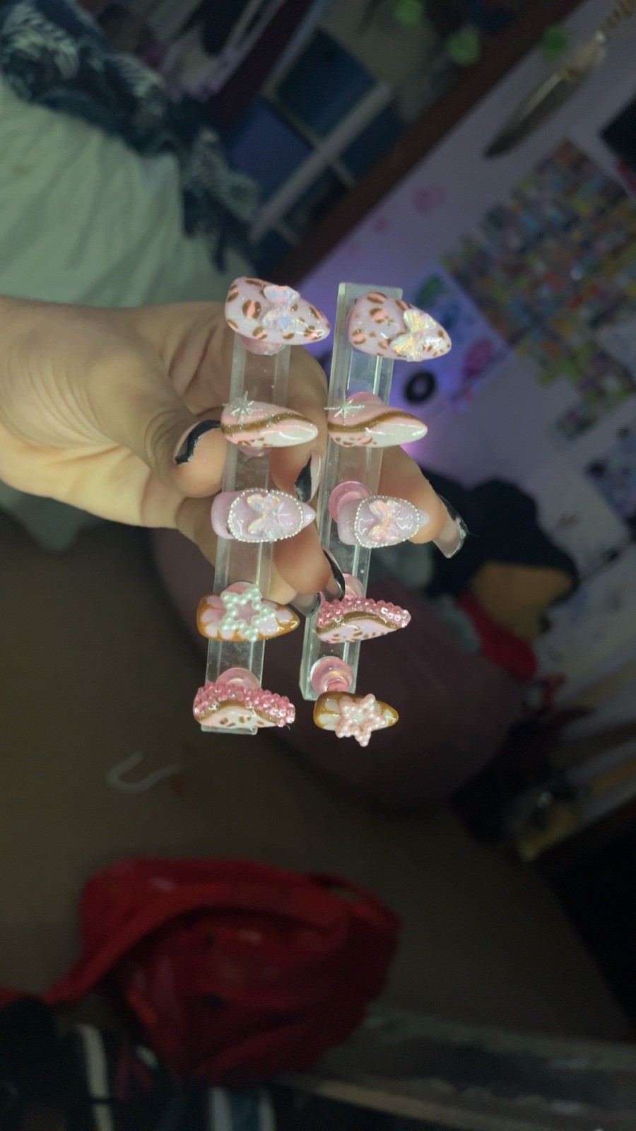 Press-On Nails Set Pink Brown White 3D Glitter Floral Long Coffin Full Cover