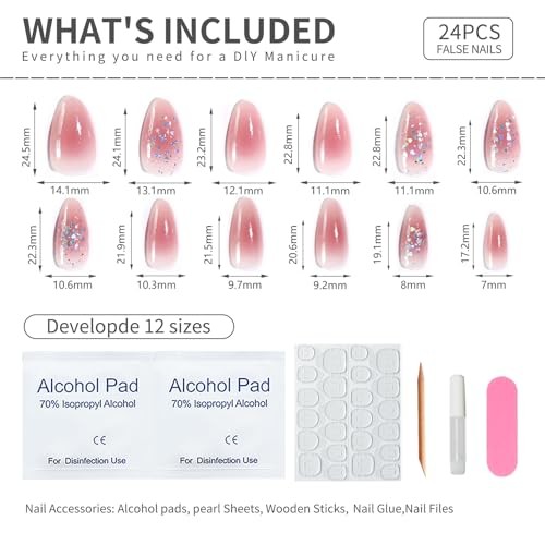Cute Pink Glitter Press On Nails Almond Shape – 57-Tip with Pink Pearl Glitter