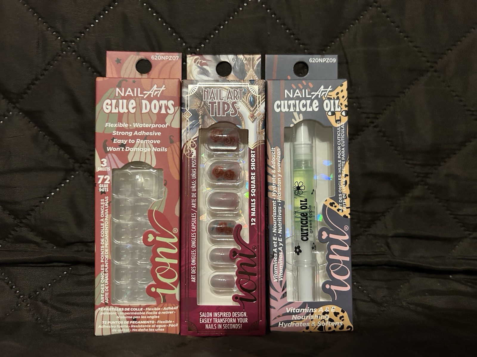 ioni Pre-Designed Press-On Nails Square Short Pink/Red + Glue dots + Oil bundle