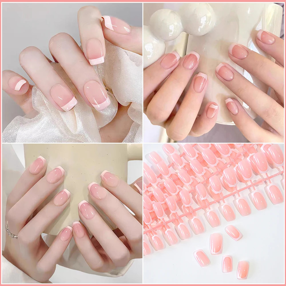 120Pcs Short Square Coffin French Fake Nails Glossy Pink Full Cover Press on