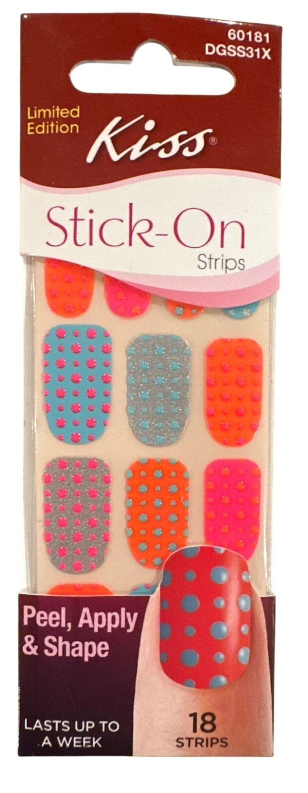 Kiss Stick-On Peel Apply & Shape 18 Strips/Nail Stickers Colorful Polka Design