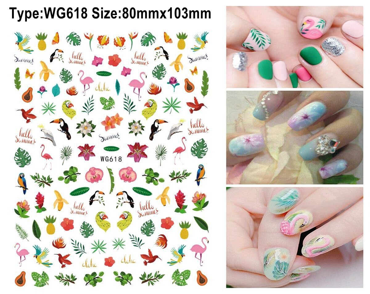 Tropical Bird Flowers Fruit Toucan Macaw Canary Finch Parrot 3D Nail Stickers
