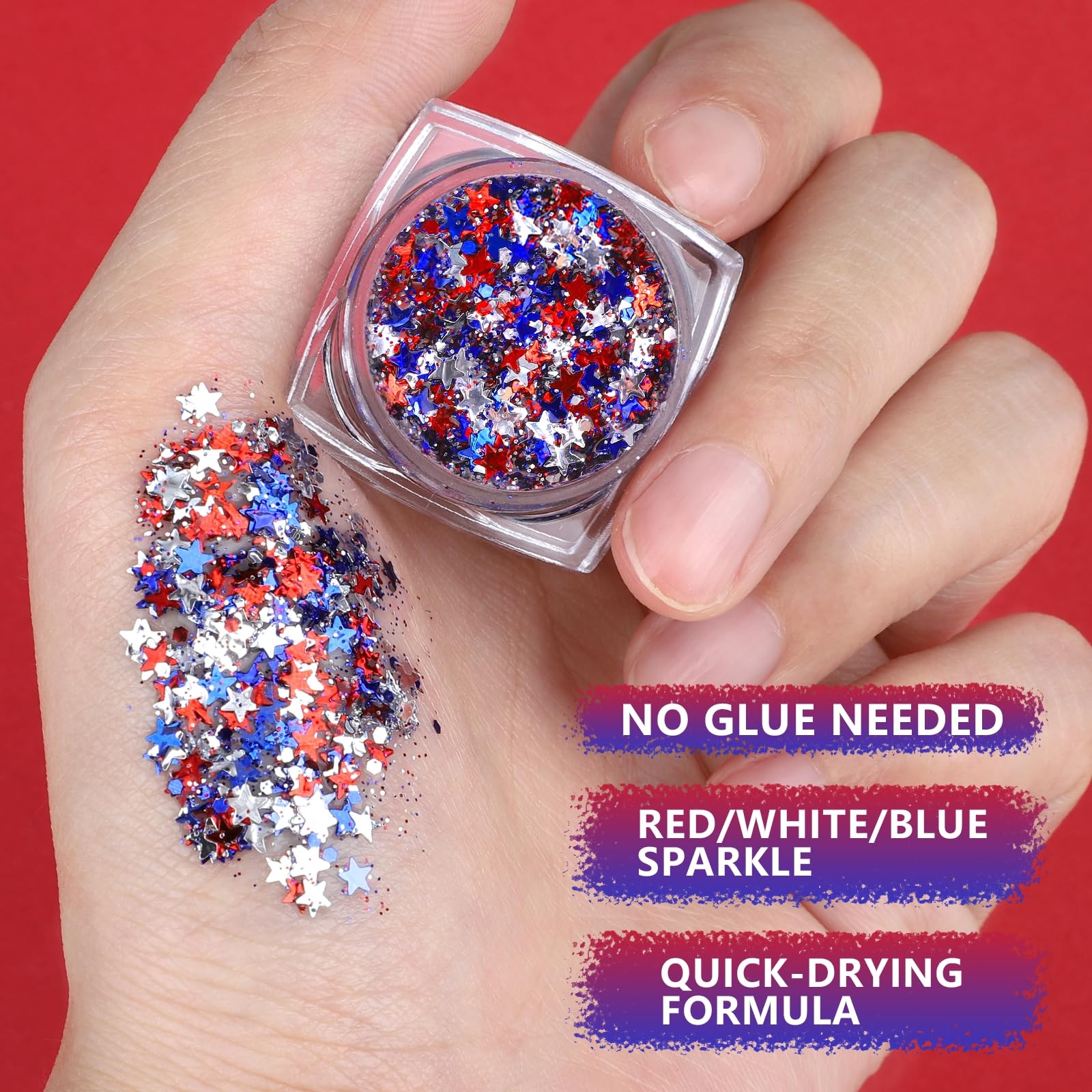 Red White and Blue Body Glitter Gel with Face Gems Set, 4th of July Patriotic Fa