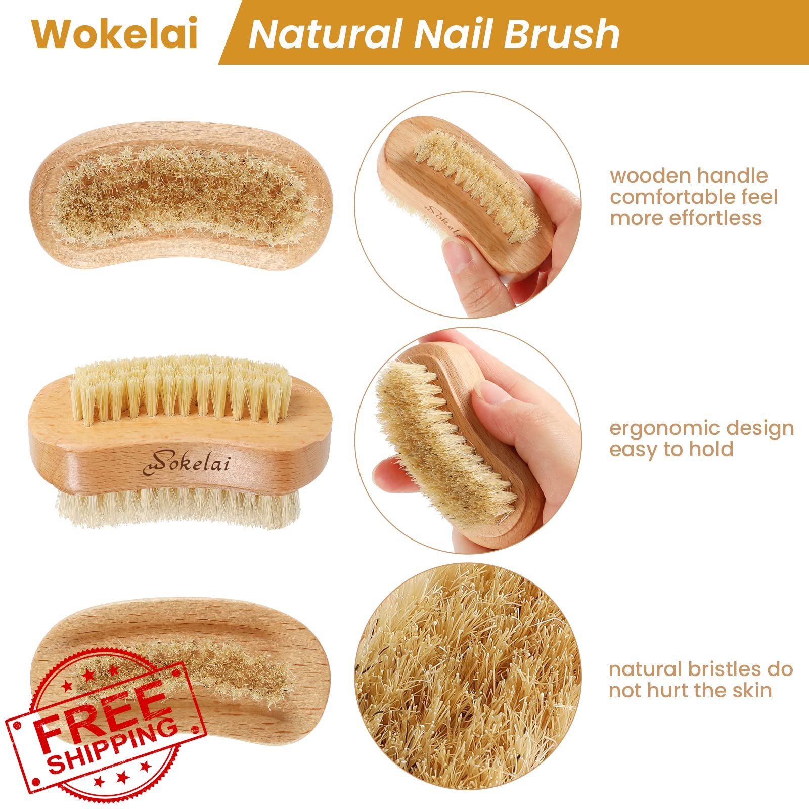 wokelai Nail Brush 2 Pcs Natural Wood Color