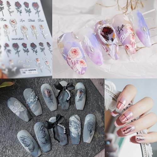 Rose Nail Art Stickers 3D Floral Nail Decals Valentine Bridal Nail Art, Rose