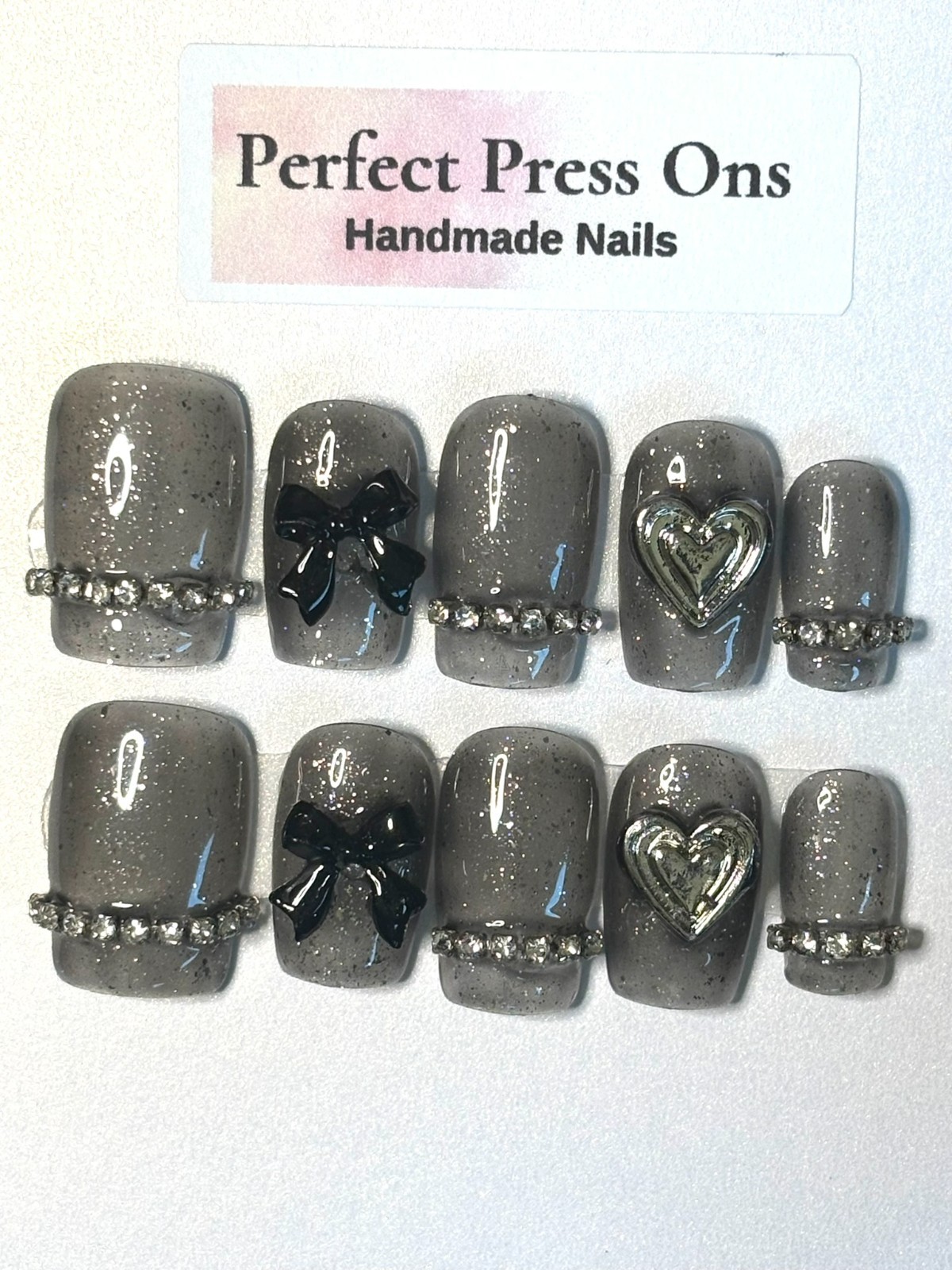 Grey Glitter Press On Nails Black Ribbon Bow Rhinestone Chain Handmade Medium |