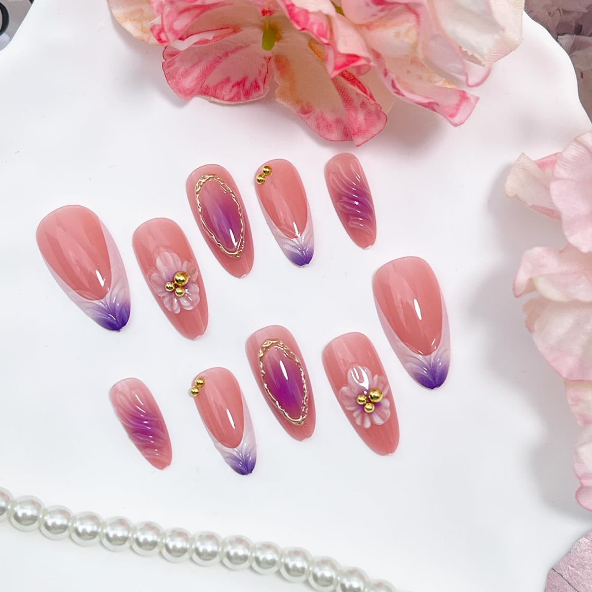 24Pcs French Tips Press on Nails Long Almond Fake Nails 3D Flower False Nails Pu