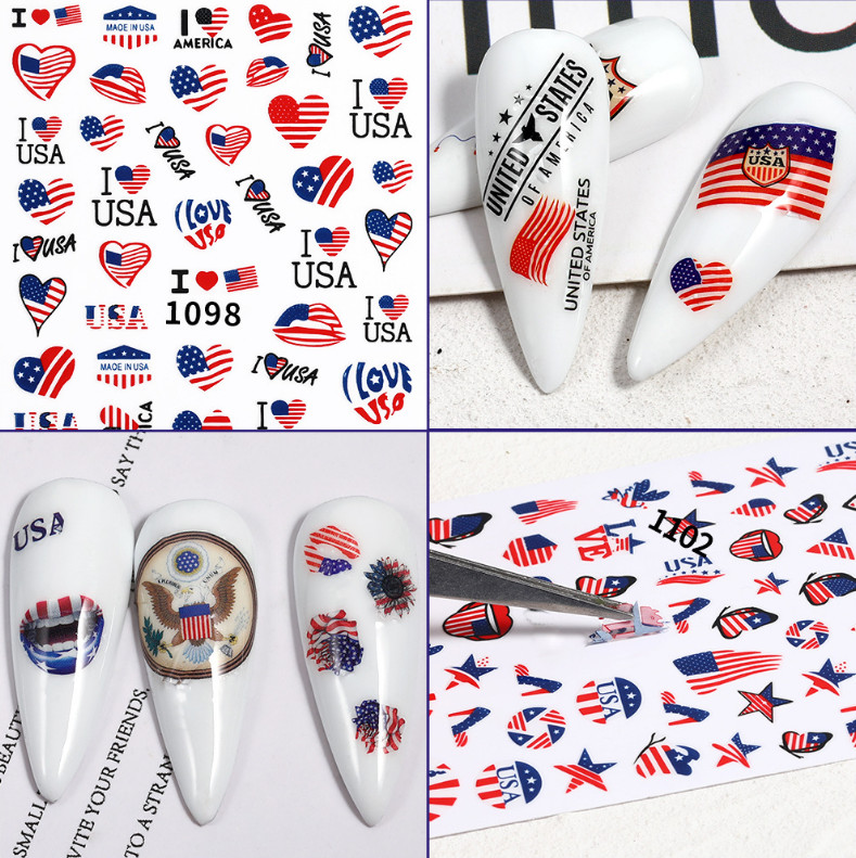 American Flag Star Heart LOVE July Memorial Day Butterfly 3D Nail Sticker NS3