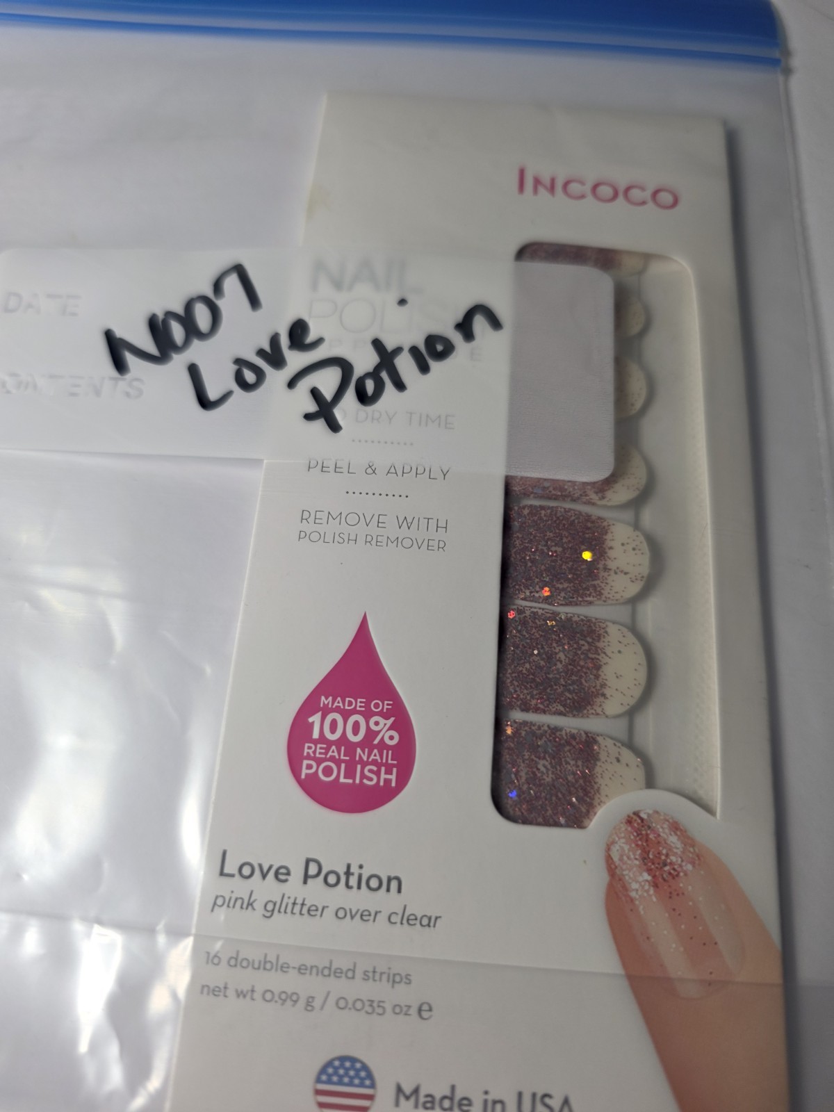 Incoco Love Potion Pink/Clear Glitter Nail Polish Strips Short Square FDG142