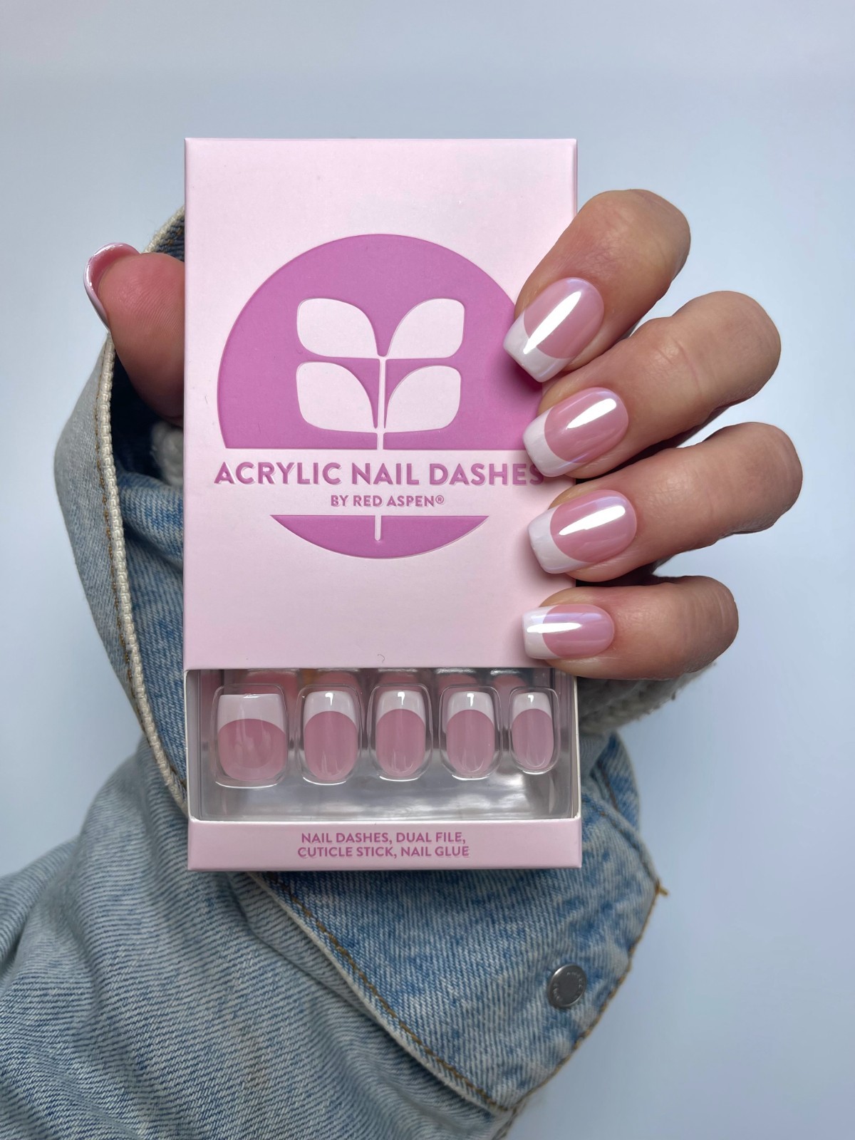 Red Aspen Nail Dashes Short Squoval Acrylic Varied Glazed French Tip