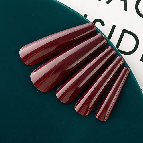 Long Press on Nails Full Cover Extra Long XXXL Glossy Coffin Press on Burgundy