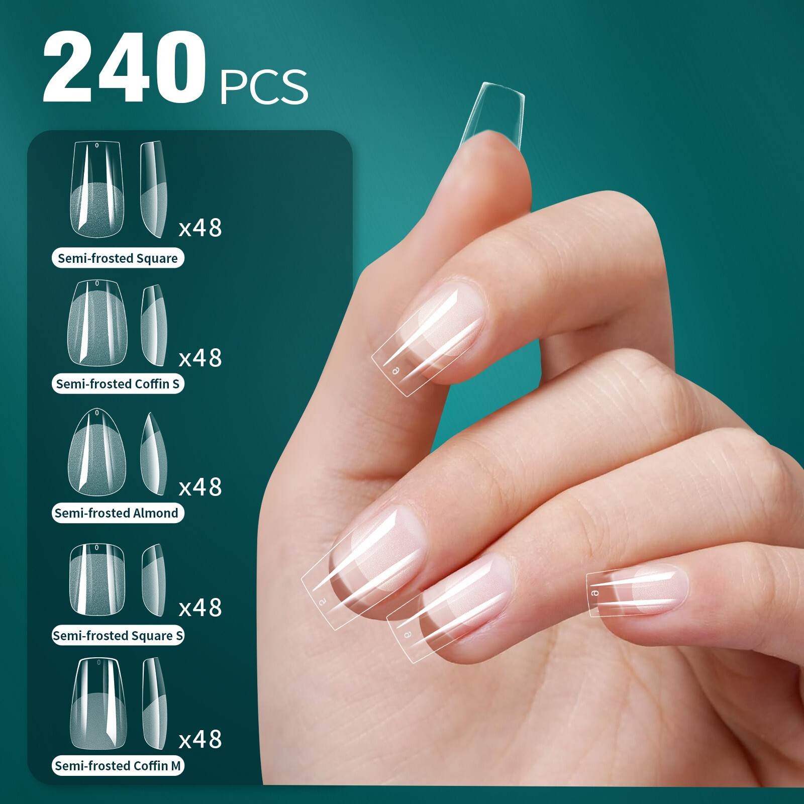 240pcs Nail Plate False Nail Tips 5 Mix Shapes Set Stiletto/Square/Coffin/Almond