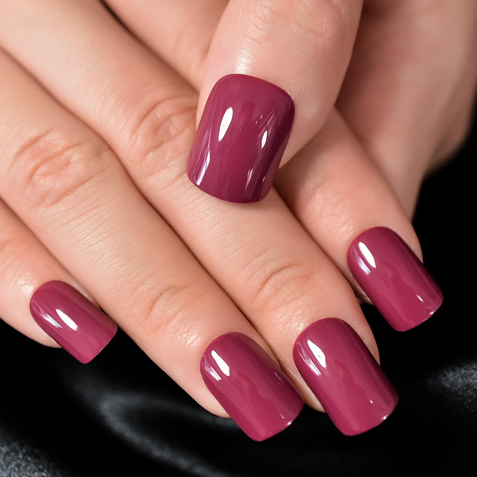 Press on Nails Glossy Dark Rose Pink False Nails Medium Short Squoval Nail Ar…