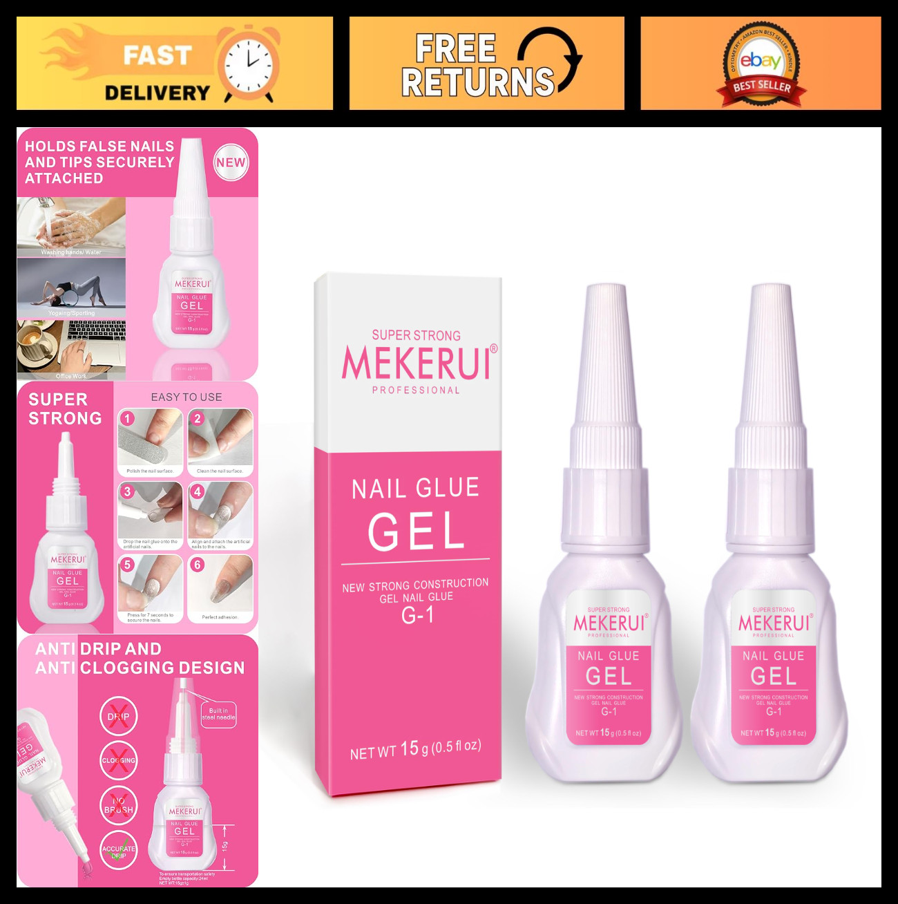 Super Strong Nail Glue Gel 2 Pack – Quick Drying, No UV Needed, Thick Formula fo