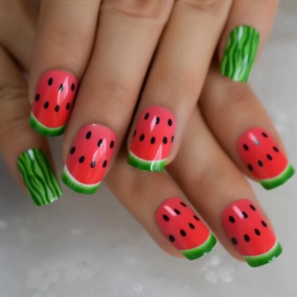 24 Short Watermelon Press On Nails kit glue on pink green seeds cute funny